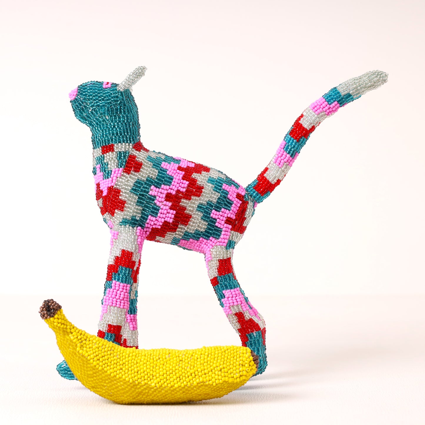 Handmade African beaded cat sculpture