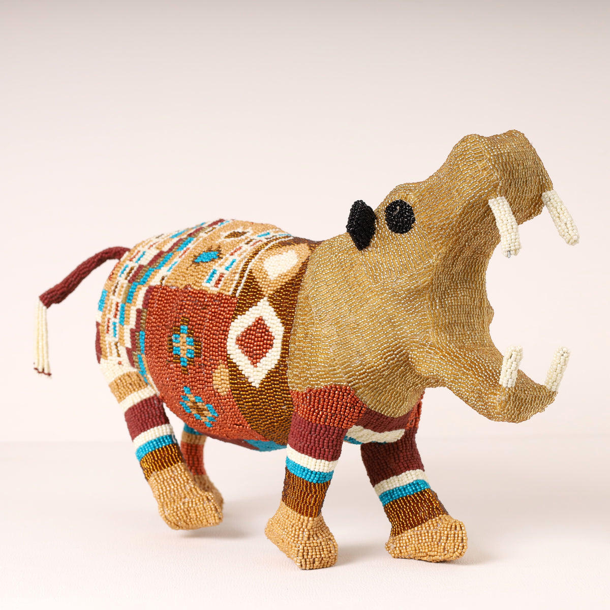 Handmade African beaded hippo sculpture
