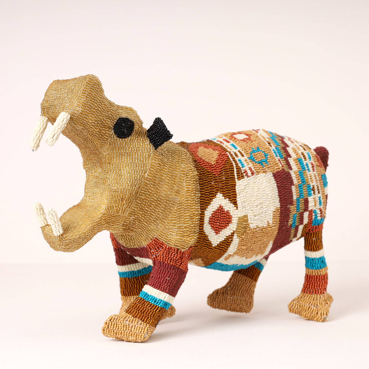 Handmade African beaded hippo sculpture