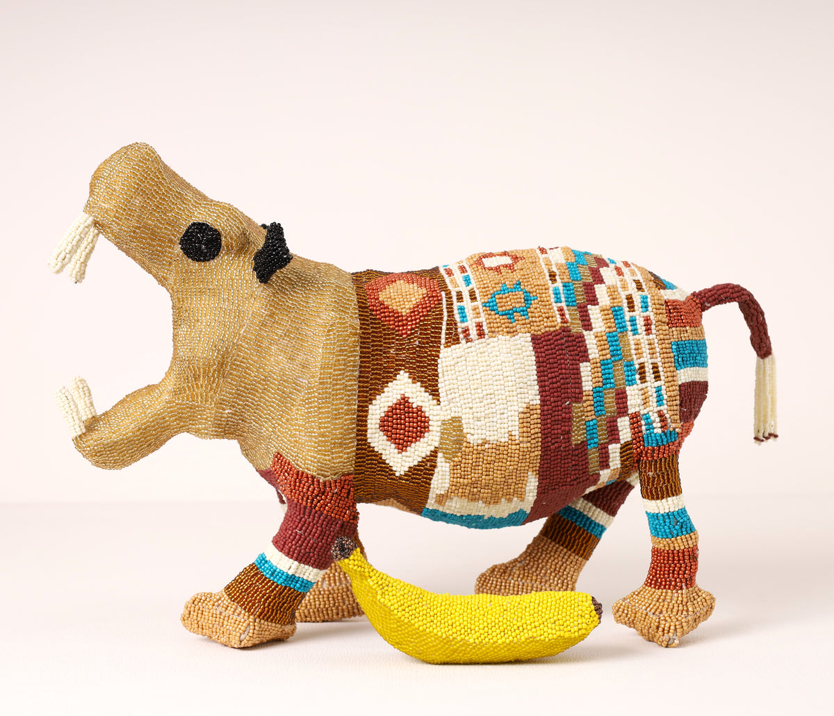 Handmade African beaded hippo sculpture
