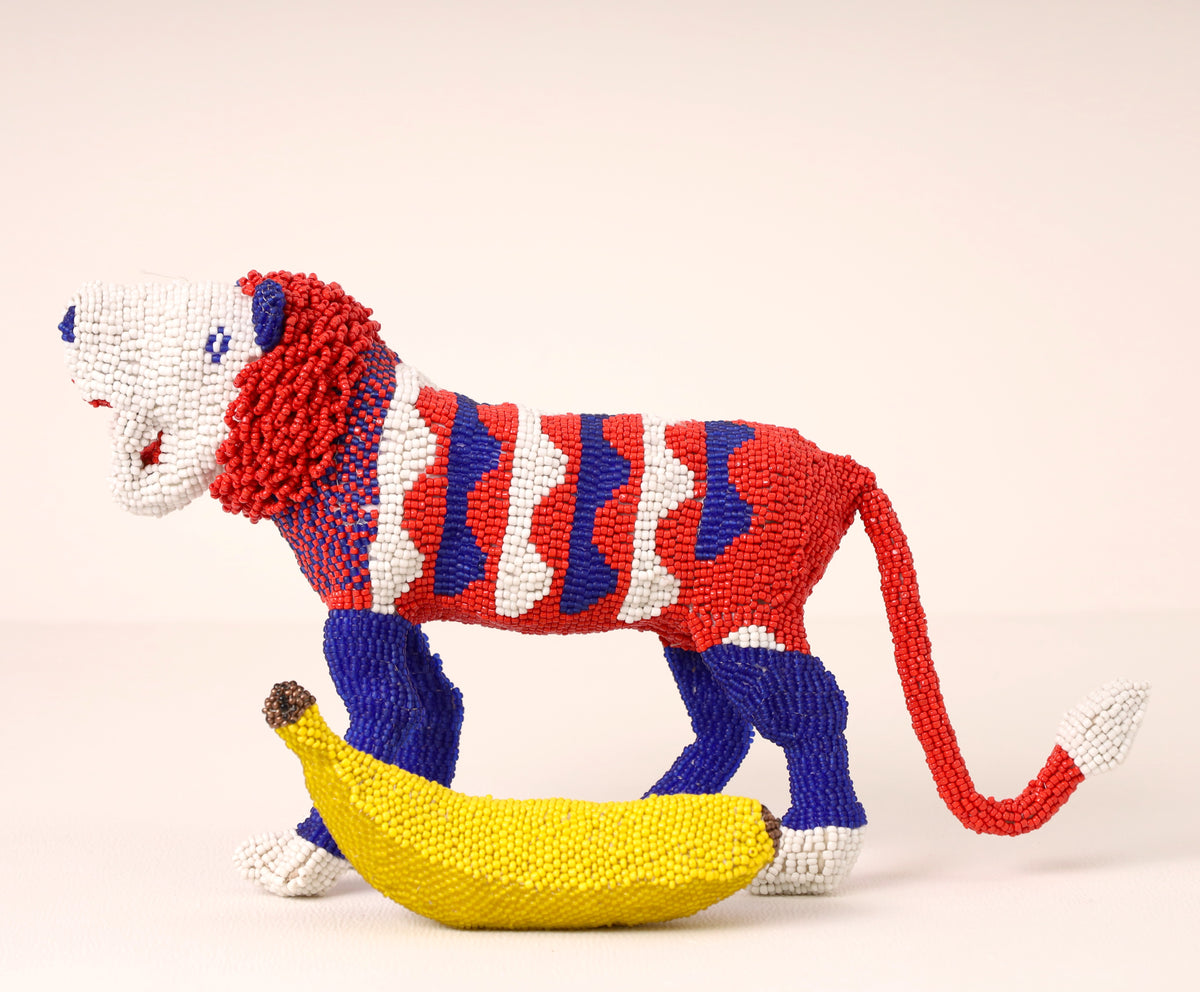 Handmade African beaded lion sculpture