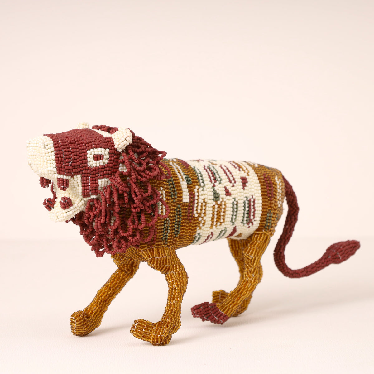 Handmade African beaded lion sculpture