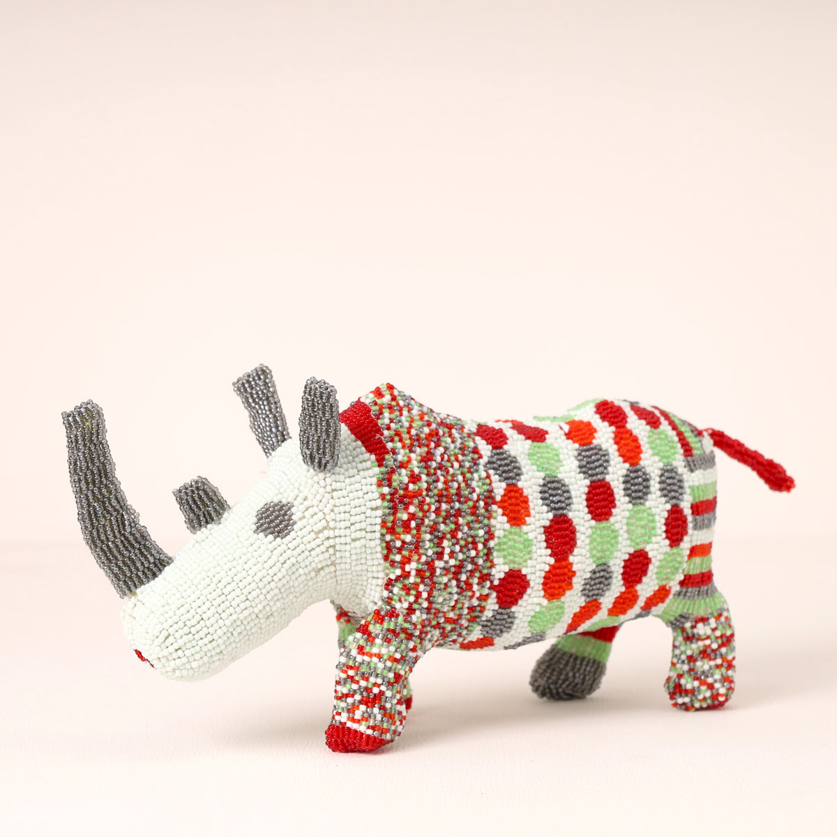 Handmade African beaded rhino sculpture