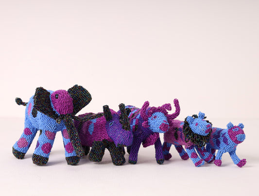 A handmade beaded big five sculpture, featuring a mix of colors. 